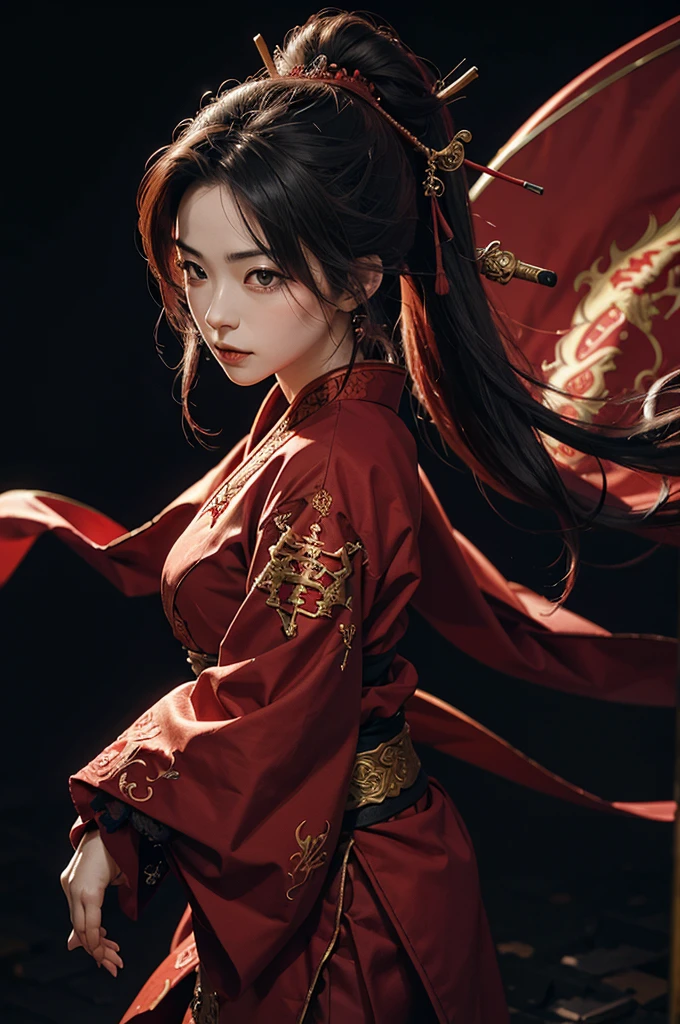 red samurai and the dragon behind her, powerful, vibrant, super detailed, highest quality