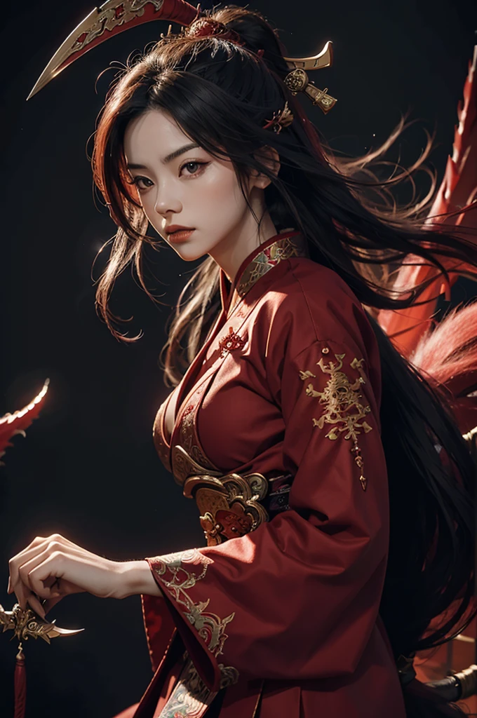 red samurai and the dragon behind her, powerful, vibrant, super detailed, highest quality