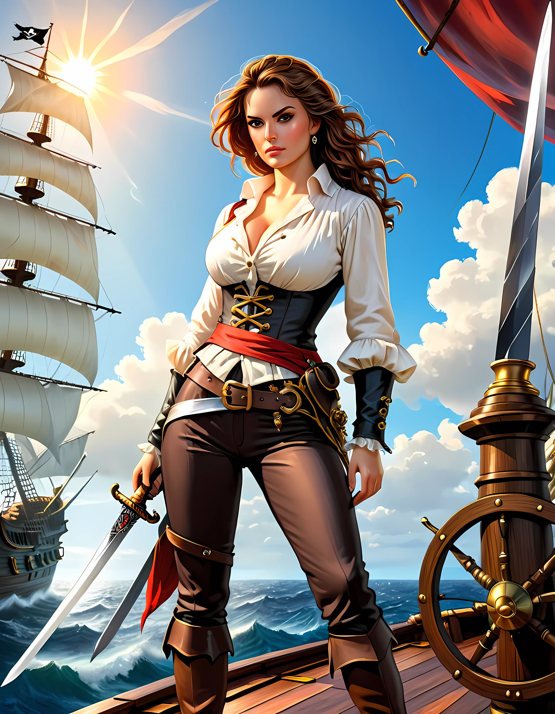 a portrait of a woman pirate holding a ((sword: 1.5)) on a pirate ship ready for battle, ((full body: 1.5)), ((anatomically correct: 1.5)), (ultra detailed face: 1.2), looking tense, looking dangerous,  dynamic eye color. dynamic hair color, dynamic hair style dynamic skin complexion, wearing 18th century white button shirt, busty , wearing  wearing high heeled boots, sunny day, sun rays, some clouds,18th century pirate ship background,  vibrant, Ultra-high resolution, High Contrast, (masterpiece:1.5), highest quality, Best aesthetics), best details, best quality, highres, 16k, (ultra detailed: 1.5), masterpiece, best quality, (extremely detailed) RAW, (ultra details, Masterpiece, best quality), Hyperrealism style, holding sword, Intense gaze, holding sword rapier