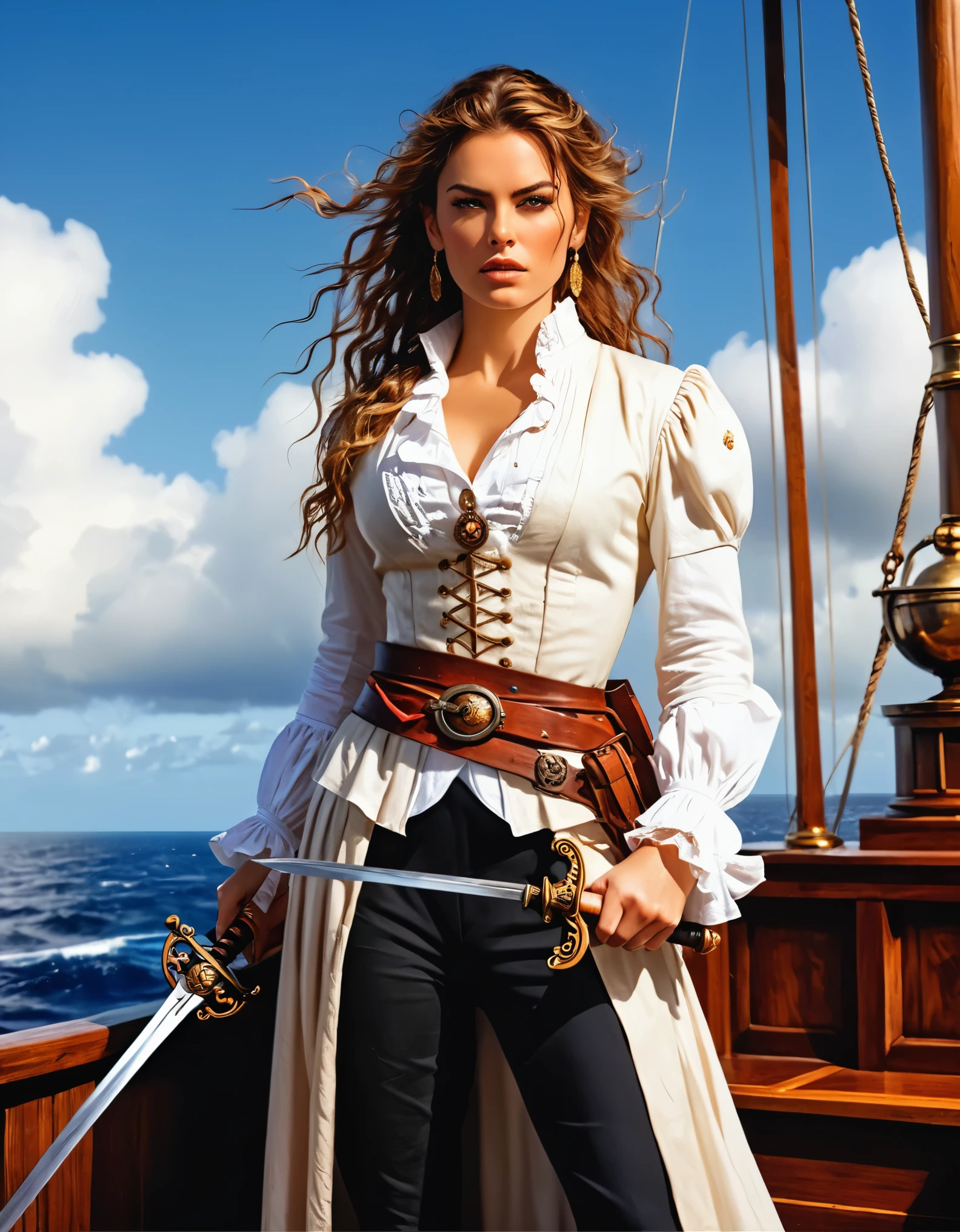a portrait of a woman pirate holding a ((sword: 1.5)) on a pirate ship ready for battle, ((full body: 1.5)), ((anatomically correct: 1.5)), (ultra detailed face: 1.2), looking tense, looking dangerous,  dynamic eye color. dynamic hair color, dynamic hair style dynamic skin complexion, wearing 18th century white button shirt, busty , wearing  wearing high heeled boots, sunny day, sun rays, some clouds,18th century pirate ship background,  vibrant, Ultra-high resolution, High Contrast, (masterpiece:1.5), highest quality, Best aesthetics), best details, best quality, highres, 16k, (ultra detailed: 1.5), masterpiece, best quality, (extremely detailed) RAW, (ultra details, Masterpiece, best quality), Hyperrealism style, holding sword, Intense gaze, holding sword rapier