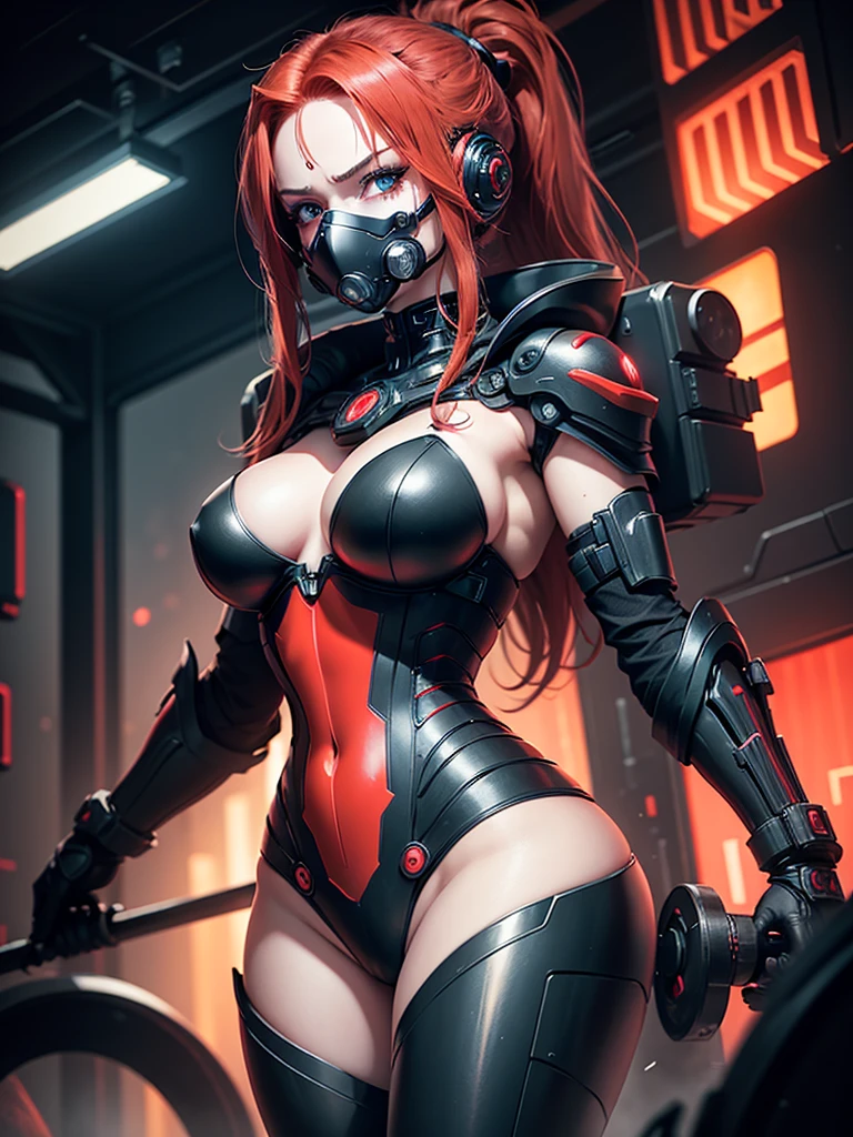 cyborg warrior girl in an attacking pose View from below, angle from below, flat horizon photo, Girl android , she has long red hair, hair tied up in a ponytail, she has a mask on her face, a respirator, a woman with sexy hips, incredibly beautiful blue eyes and a gas mask on her face, half cyborg, technological modifications. Beautiful face, black metal cybernetic android robot body in black color, Large, wide hips, suit with red indicator lines with many red details, red colour corset, red colour bra, cybernetic armor with a red glow from under the joints and joints, she has blue eyes , frame with a flat horizon, Anime Style Photography , Red Lasers, black background Cyberpunk style, the camera films Her from below, lower angle of photography, black background image of a night black city and red neon lights, red lamps, red lighting, red flashes in the background