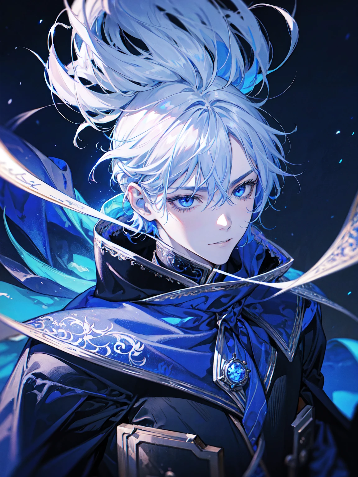 Wizard a young man, he has a silver hair and blue eyes, he wear a hood and wear gloves ,rapier.