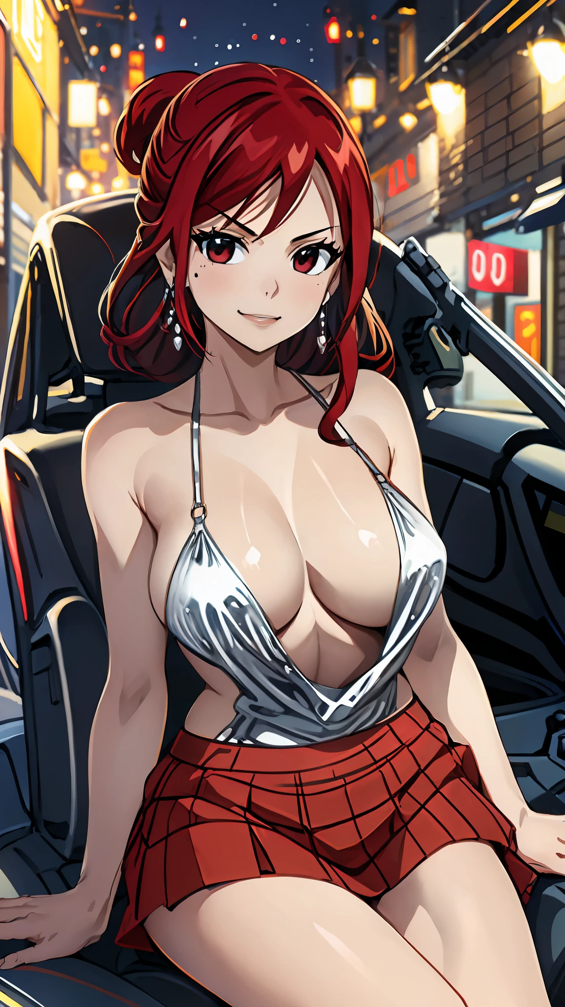 85mm lens, 1girl, arm_support, bare_shoulders, red_hair, blurry, blurry_background, breasts, building, car, car_interior, city_lights, cleavage, collarbone, dress, earrings, ground_vehicle, halterneck, jewelry, large_breasts, looking_at_viewer, mole, motor_vehicle, on_vehicle, red_lips, road, sitting, skirt, smile, solo, Erza Scarlett, 1girl, solo, red hair, long hair, breasts,cleavage, evening gown, plunging neckline, stlouis