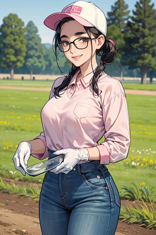A freckled, glasses-wearing mature woman with black hair tied up, wearing a white long-sleeved flannel shirt, blue jeans and a baseball cap, working in the fields in winter while smiling and wearing rubber gloves and white rubber boots Thick eyebrows Long pink rubber gloves
