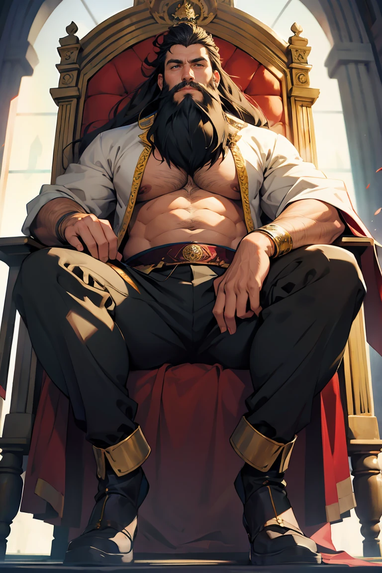 A chubby king sitting on his trone with a long beard