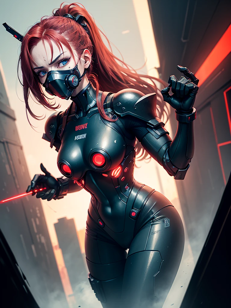 cyborg warrior girl in an attacking pose View from below, angle from below, flat horizon photo, Girl android , she has long red hair, hair tied up in a ponytail, she has a mask on her face, a respirator, a woman with sexy hips, incredibly beautiful blue eyes and a gas mask on her face, half cyborg, technological modifications. Beautiful face, black metal cybernetic android robot body in black color, Large, wide hips, suit with red indicator lines with many red details, Red clothes , red colour corset, red colour bra, cybernetic armor with a red glow from under the joints and joints, she has blue eyes , frame with a flat horizon, Anime Style Photography , Red Lasers, black background Cyberpunk style, the camera films Her from below, lower angle of photography, black background image of a night black city and red neon lights, red lamps, red lighting, red flashes in the background