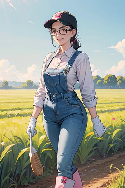 A freckled, glasses-wearing mature woman with black hair tied up, wearing a white long-sleeved flannel shirt, blue jeans, a baseball cap, and long pink rubber gloves and white rubber boots, working in the fields while smiling Thick eyebrows