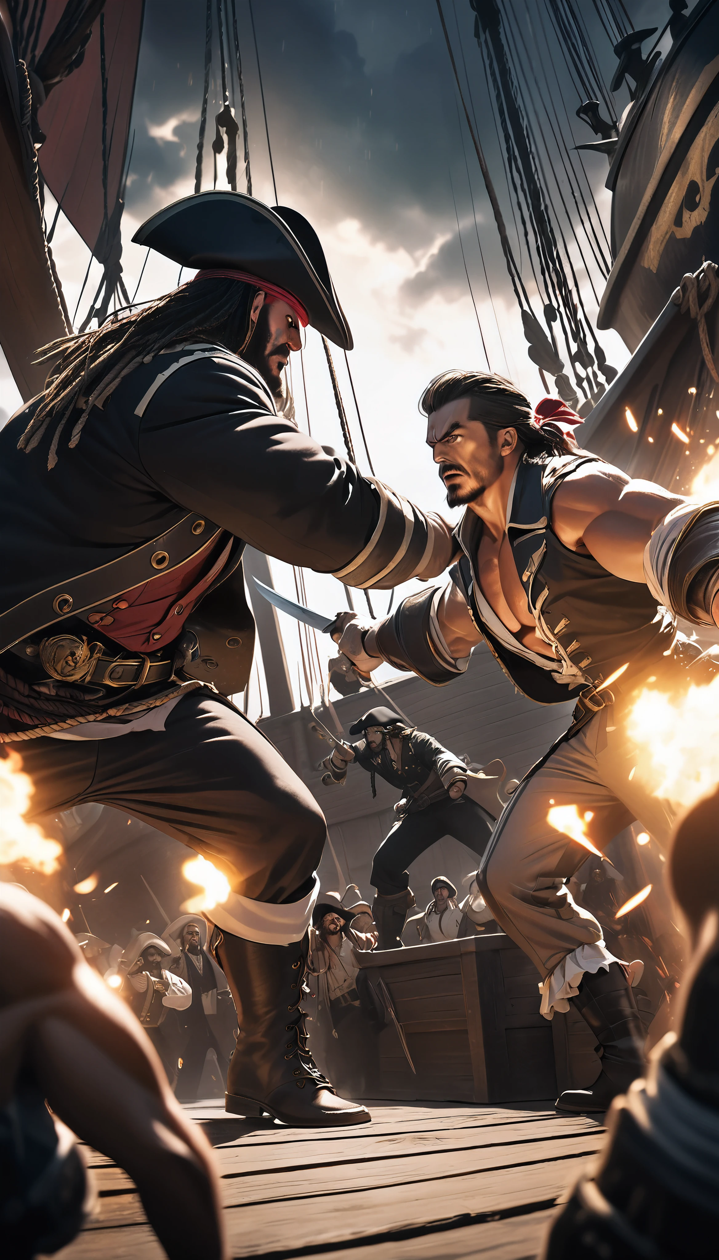 Detailed and accurate rock-paper-scissors game, a fierce duel between two pirates on the deck of a pirate ship, intense staredown, two muscular pirates, one the captain, serious hand-to-hand combat, crew fighting in the background, dramatic lighting, cinematic composition, absurdist surreal, ARW