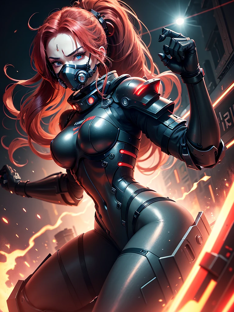cyborg warrior girl in an attacking pose View from below, angle from below, flat horizon photo, Girl android , she has long red hair, hair tied up in a ponytail, she has a mask on her face, a respirator, a woman with sexy hips, incredibly beautiful blue eyes and a gas mask on her face, half cyborg, technological modifications. Beautiful face, black metal cybernetic android robot body in black color, Large, wide hips, suit with red indicator lines with many red details, red colour corset, red colour bra, cybernetic armor with a red glow from under the joints and joints, she has blue eyes , frame with a flat horizon, Anime Style Photography , Red Lasers, black background Cyberpunk style, the camera films Her from below, lower angle of photography, black background image of a night black city and red neon lights, red lamps, red lighting, red flashes in the background