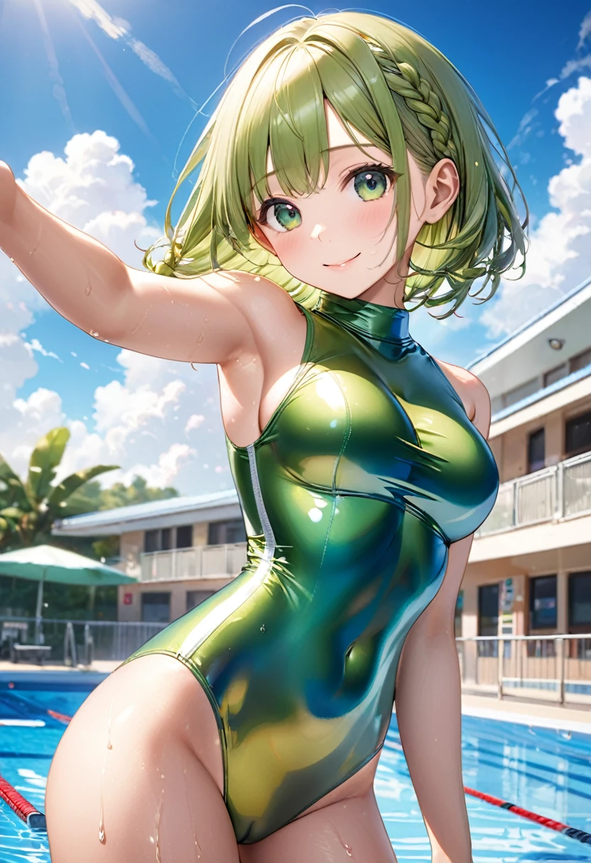 Highest quality, masterpiece, Ultra-high resolution, (Realistic:1.4), RAW Photos, Intricate details, Big beautiful eyes, Perfect contours, masterpiece, One Girl, ((Primary school students)), Braided Bob, (Firm breasts:1.3, High chest:1.3), Curvy waist:1.5, Competitive swimmer, (one piece:1.5, turtleneck,Sleeveless swimwear), Shiny metallic green swimsuit:1.5, tight high leg swimsuit:1.4, ((Shooting from below:1.3)), Portraiture, View your audience, Outdoor swimming pool, Wet Skin, smile, (Underarm)