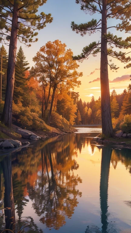 a serene autumn landscape, a cozy cabin in the woods, a golden sunset over a lake, beautiful fall foliage, a deer standing in a clearing, warm lighting, vibrant colors, detailed textures, (best quality,4k,8k,highres,masterpiece:1.2),ultra-detailed,(realistic,photorealistic,photo-realistic:1.37),landscape,nature,autumn,fall,cabin,woods,lake,deer,sunset,foliage,warm lighting,vibrant colors,detailed textures