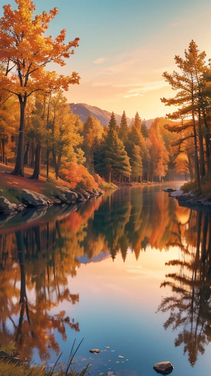 a serene autumn landscape, a cozy cabin in the woods, a golden sunset over a lake, beautiful fall foliage, a deer standing in a clearing, warm lighting, vibrant colors, detailed textures, (best quality,4k,8k,highres,masterpiece:1.2),ultra-detailed,(realistic,photorealistic,photo-realistic:1.37),landscape,nature,autumn,fall,cabin,woods,lake,deer,sunset,foliage,warm lighting,vibrant colors,detailed textures