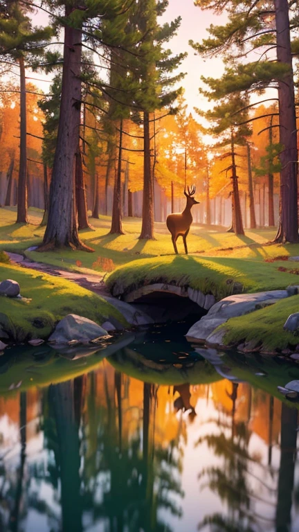 a serene autumn landscape, a cozy cabin in the woods, a golden sunset over a lake, beautiful fall foliage, a deer standing in a clearing, warm lighting, vibrant colors, detailed textures, (best quality,4k,8k,highres,masterpiece:1.2),ultra-detailed,(realistic,photorealistic,photo-realistic:1.37),landscape,nature,autumn,fall,cabin,woods,lake,deer,sunset,foliage,warm lighting,vibrant colors,detailed textures