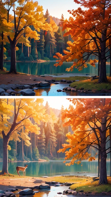 a serene autumn landscape, a cozy cabin in the woods, a golden sunset over a lake, beautiful fall foliage, a deer standing in a clearing, warm lighting, vibrant colors, detailed textures, (best quality,4k,8k,highres,masterpiece:1.2),ultra-detailed,(realistic,photorealistic,photo-realistic:1.37),landscape,nature,autumn,fall,cabin,woods,lake,deer,sunset,foliage,warm lighting,vibrant colors,detailed textures