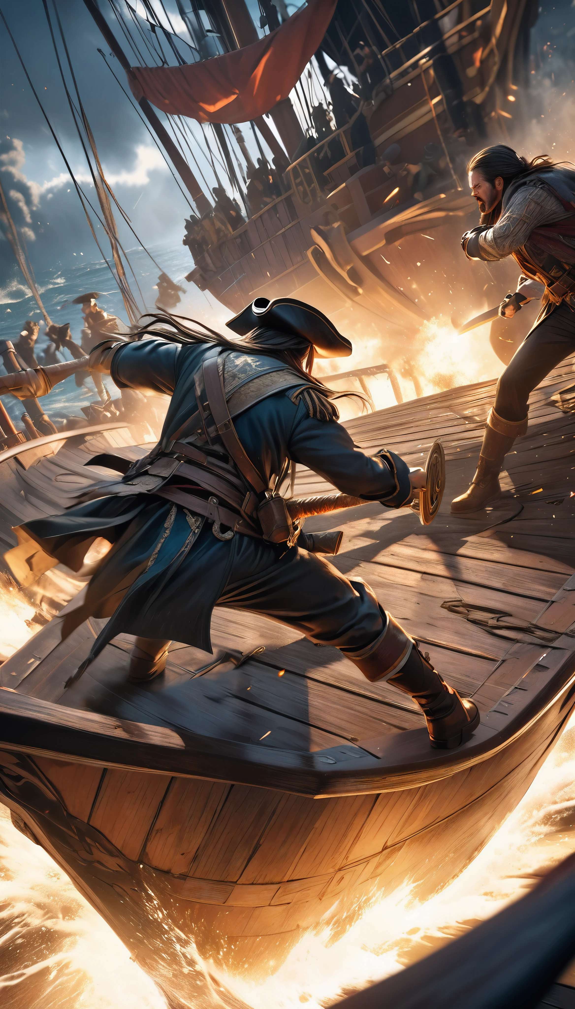 Detailed and accurate rock-paper-scissors game, a fierce duel between two pirates on the deck of a pirate ship, intense staredown, two muscular pirates, one the captain, serious hand-to-hand combat, crew fighting in the background, dramatic lighting, cinematic composition, absurdist surreal, ARW