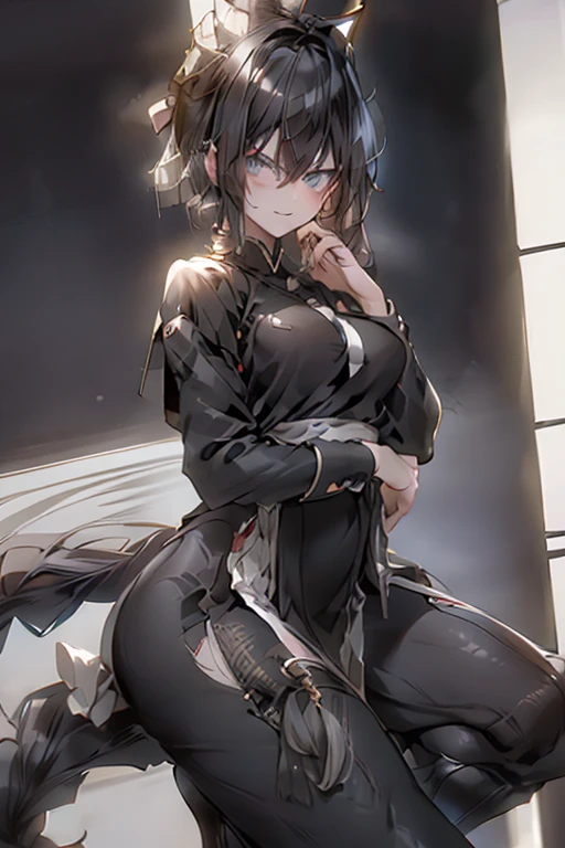 Black-haired girl, braided hair styles, Short hair, very special hair style, fascinating hair style, Elegant hair, captivating blue eyes, fascinating face, Exhausted face, Ahegao, a charming smile, white eyelashes, in the classroom, Single, holding a sword in his right hand, oriental style, holding a sword in his right hand