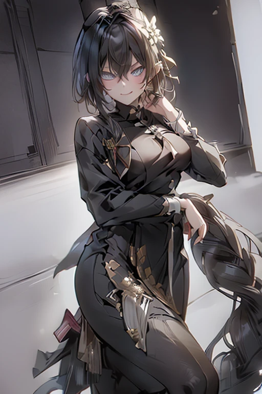 Black-haired girl, braided hair styles, Short hair, very special hair style, fascinating hair style, Elegant hair, captivating blue eyes, fascinating face, Exhausted face, Ahegao, a charming smile, white eyelashes, in the classroom, Single, holding a sword in his right hand, oriental style, holding a sword in his right hand