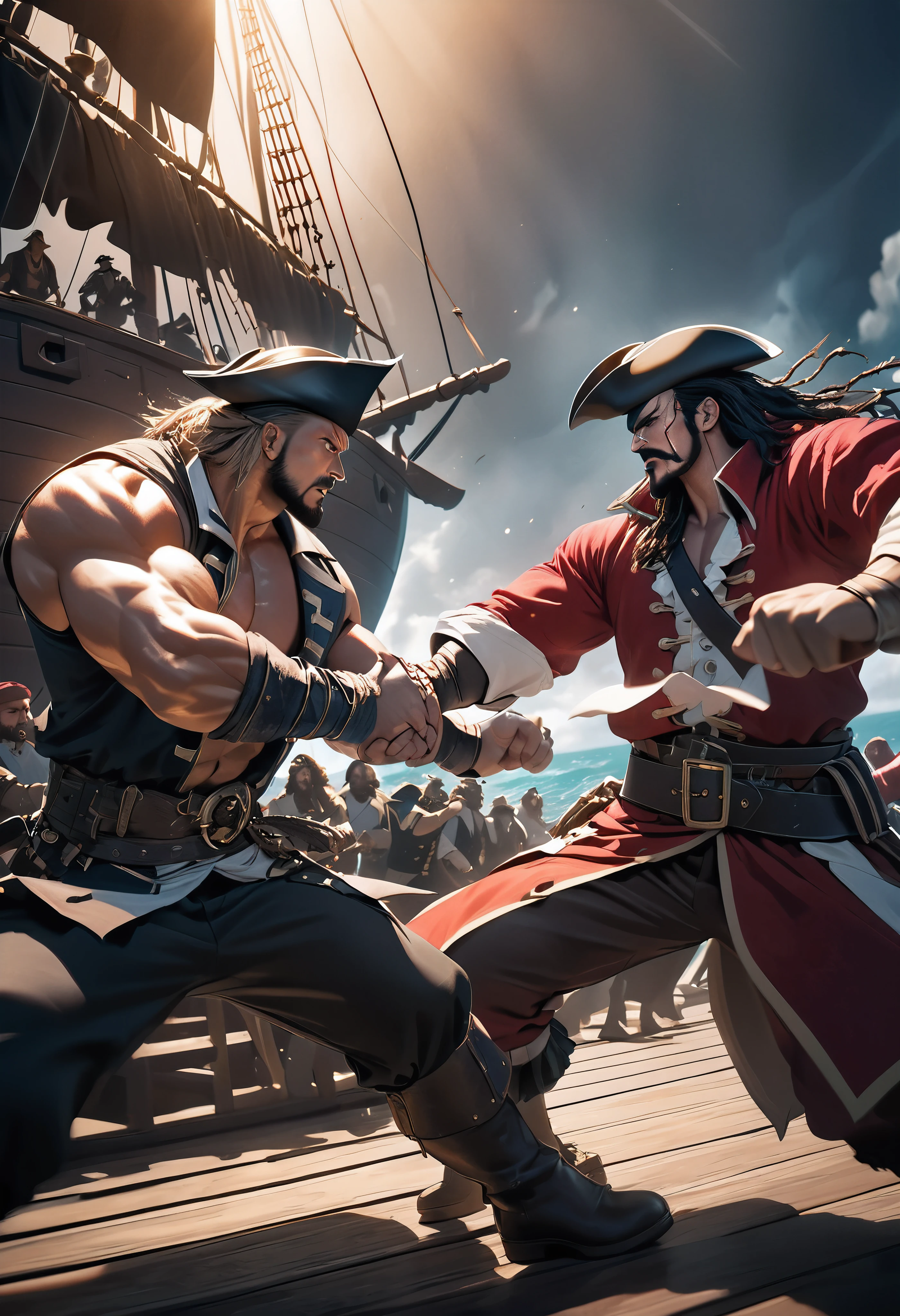 Detailed and accurate rock-paper-scissors game, a fierce duel between two pirates on the deck of a pirate ship, intense staredown, two muscular pirates, one the captain, serious hand-to-hand combat, crew fighting in the background, dramatic lighting, cinematic composition, absurdist surreal, ARW