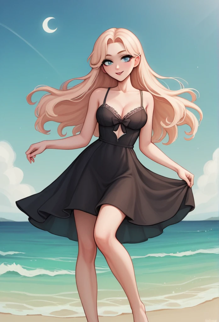a hairy, anthropomorphic cat with white fur and striking blue eyes, wearing an elegant black dress with a slight neckline with lace details and a bow on her head and long hair. The character exudes a sophisticated and mysterious aura, mixing animalistic characteristics with sensibilities human fashion, anime style. The moon casts a gentle glow over the tranquil beach, its light reflecting off the calm waves that lap softly against the shore. The stars twinkle brightly in the clear night sky, creating a mesmerizing canopy above. The cool breeze carries the salty scent of the ocean, mingling with the faint aroma of nearby pine trees. The rhythmic sound of the waves provides a soothing soundtrack, occasionally interrupted by the distant call of a seabird. The sand, cool underfoot, feels soft and inviting, perfect for a peaceful stroll. In the distance, the silhouette of a lighthouse stands tall, its beam sweeping across the horizon, guiding ships safely through the night.