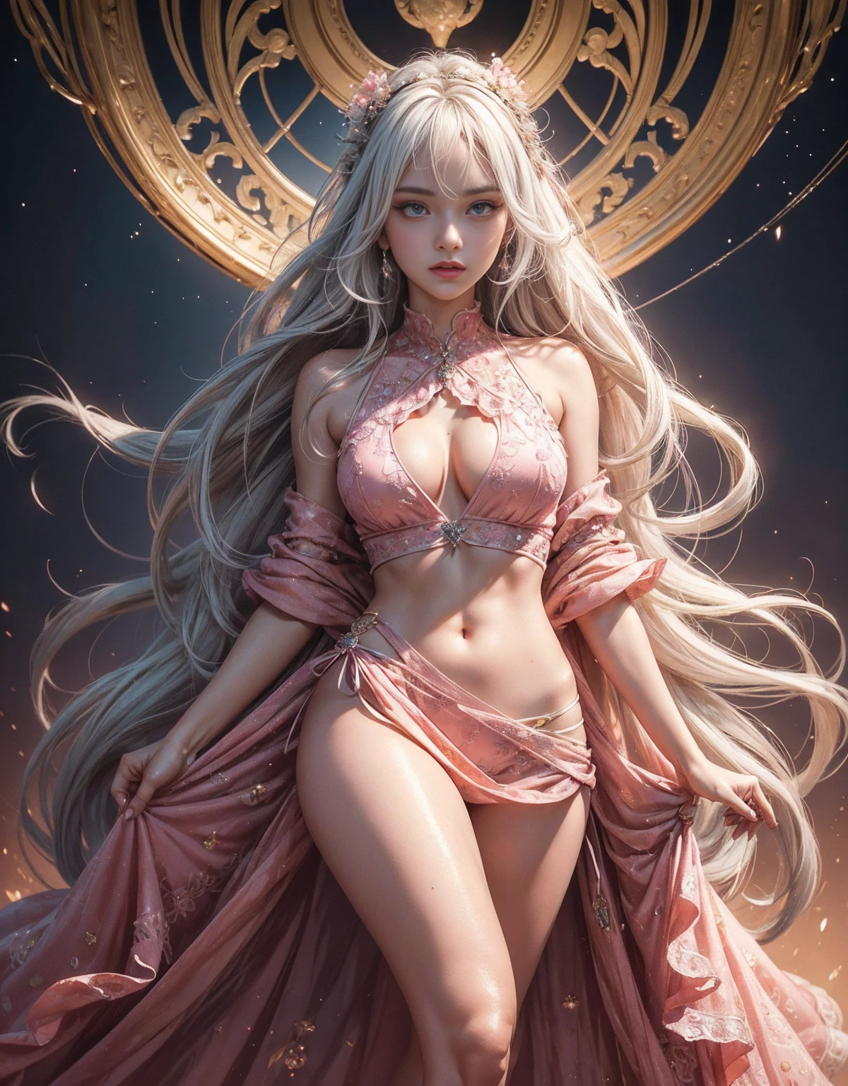 cor rosa rosa, shibuya, HATSUNEMIKU, (ultra realistic), ( illustration), (high resolution), (8k), (highy detailed), (the best illustration), (beautiful detailed eyes), (best qualityer), (super verbose), (master of peace), (Wallpapers), (face detailed), standing alone, 1 girl, standing alone girl, Shaggy aristocratic dress, White hair, iris heterochromatic eyes, small spots under the eyes, Medium chest, Legs long, Stunning composition, Braids on the feet, beautiful and detailed legs, Navel exposure, exposed cleavage, shiny thighs, shiny legs, showing a delicate, slender figure and graceful curves, doradas, ROSA doradas, doradas ROSA LINGERIE doradas ROSA, CALCINHA ROSA doradas