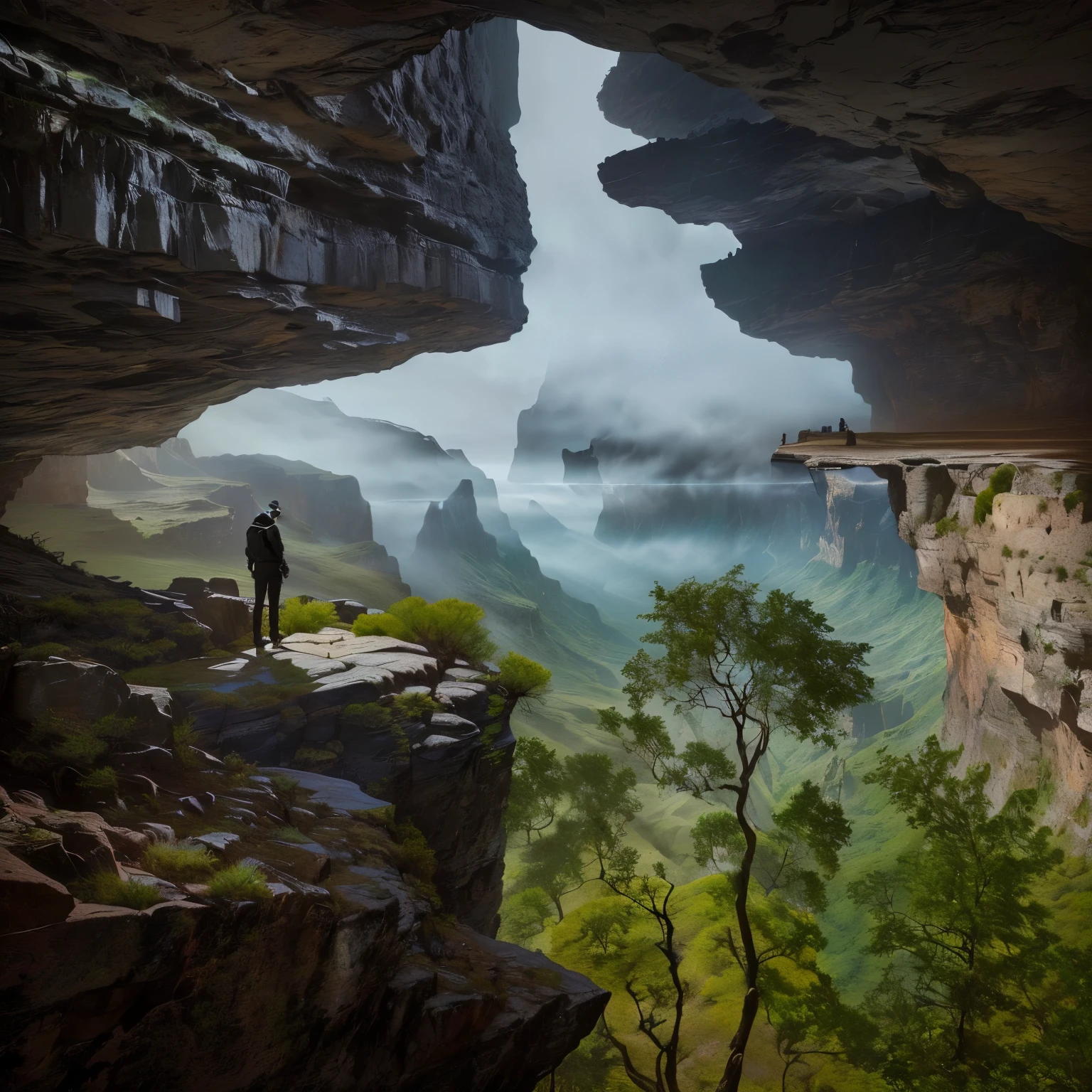 there is a man standing on a rock looking into a valley, looking into a mysterious cave, between a gorge, epic scenic shot, standing in a cave, inside a canyon, standing on the edge of a cliff, mountain gorge, huge abyss, por Peter Churcher, fog rising from head, standing on a cliff, por Lee Loughridge
