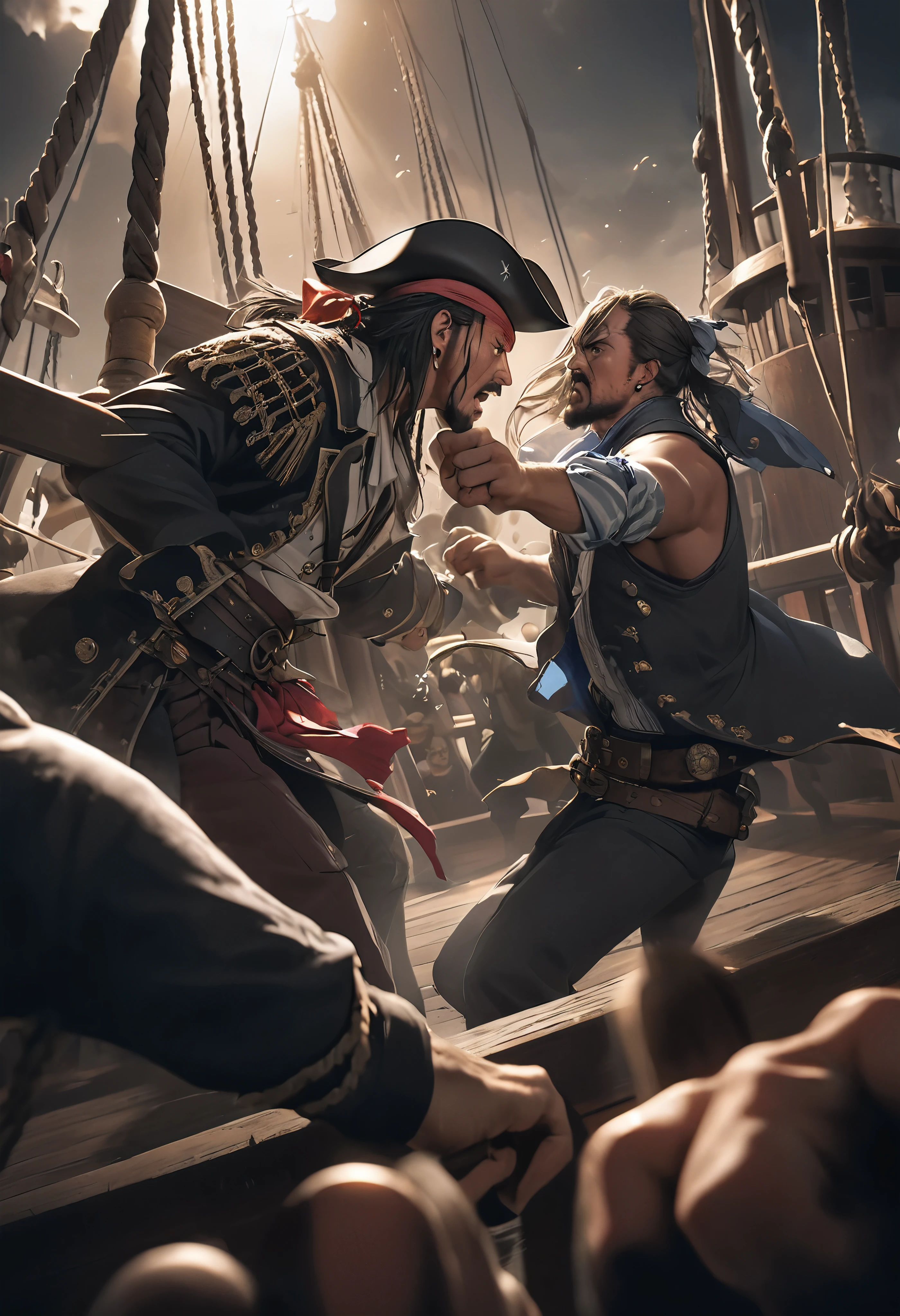 Detailed and accurate rock-paper-scissors game, a fierce duel between two pirates on the deck of a pirate ship, intense staredown, two muscular pirates, one the captain, serious hand-to-hand combat, crew fighting in the background, dramatic lighting, cinematic composition, absurdist surreal, ARW