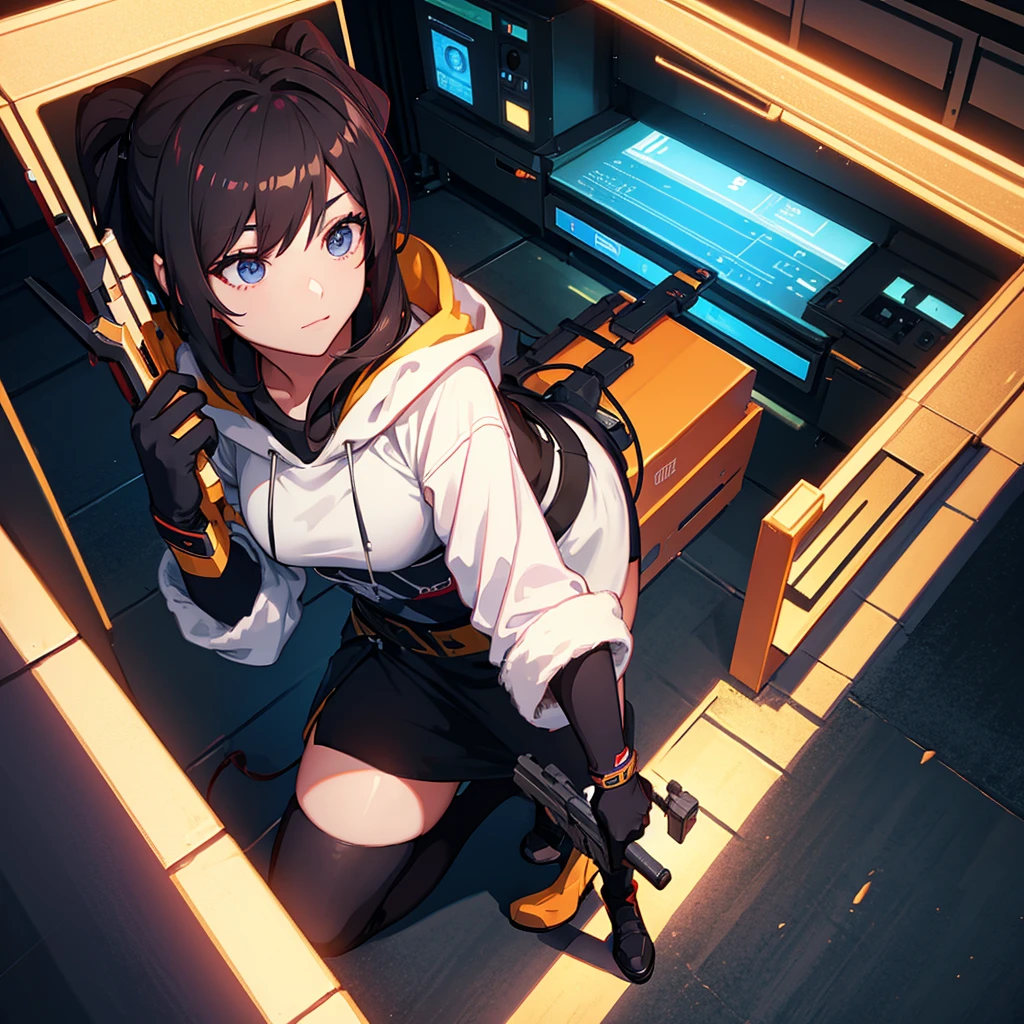 It's a female character, named Top Lane, anime, logo, holding a gun, YouTube,Standing with the mic