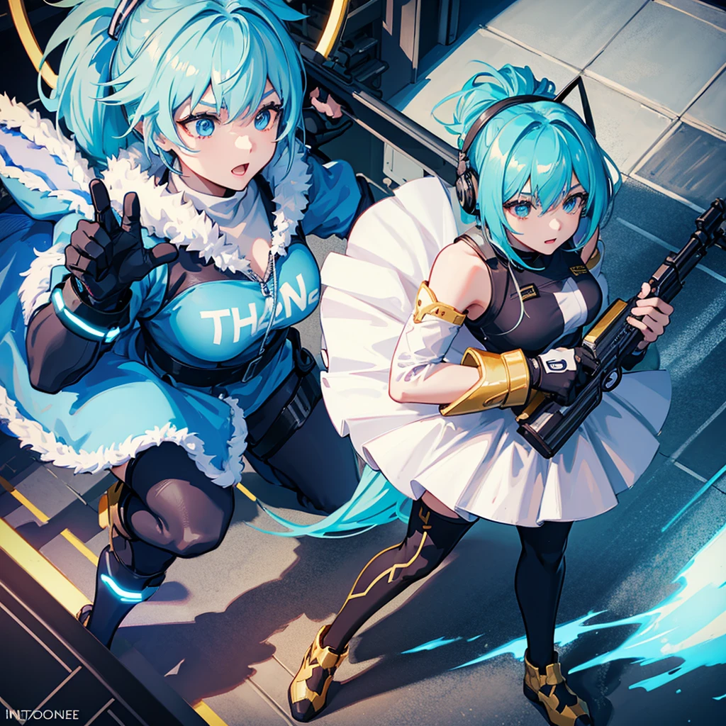 It's a female character, named Top Lane, anime, logo, holding a gun, YouTube,Standing with the mic