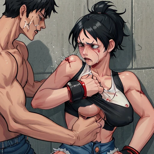 two person face to face.They trade punches with each other. a male streetfighter is beating a crying female streetfighter in the backstreet. Her expression is sad. a bloody beautiful Japanese female fighter is being beating terribly by a male fighter. She is cornered and has her back against the wall. Blood is dripping from her nose. She is covered in scars and bruises. she is damaged terribry. Short-cut black hair, out of breath, drooling from mouth, one eye closd, crying, exhausted, drenched in sweat. Erect nipples. open finger glove. Tattered sports bra and denim shorts