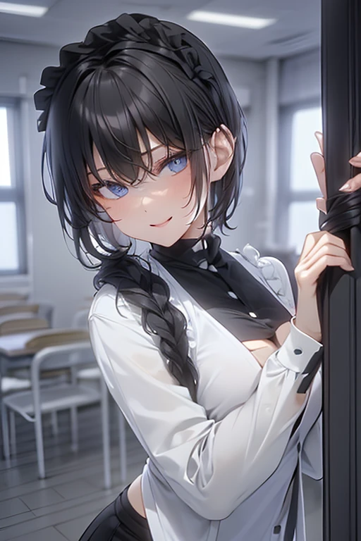 Black-haired girl, braided hair styles, Short hair, very special hair style, fascinating hair style, Elegant hair, captivating blue eyes, fascinating face, Exhausted face, Ahegao, a charming smile, white eyelashes, in the classroom, Single, holding a sword in his right hand, oriental style, holding a sword in his right hand