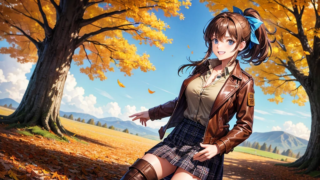 1girl, solo, trees, sun, clouds, autumn, colorful trees, falling leaves, ((brown hair)), ponytail, large breasts, ((brown leather jacket)), button down shirt, ((blue checked shirt)), ((unbuttoned shirt)), unbuttoning buttons, cleavage 1:3, blue eyes, long skirt, brown boots, grin, happy, looking at the viewer, walking, hair ribbon, golden necklate