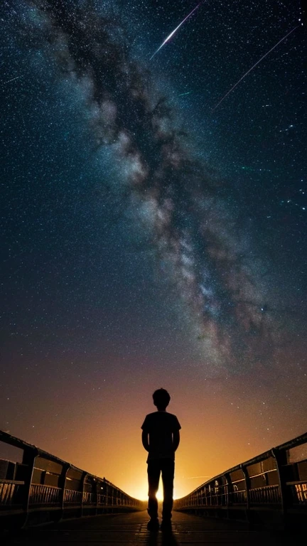Countless fireflies fly in a swirl like a galaxy. Countless fireflies fly around the boy. The color of the fireflies' light is green. A boy. Countless bruises on his arms and legs. Crying in pain. A red light can be seen in the distance. A white t-shirt. Black shorts. A stone bridge. A small river. A Japanese countryside scene.