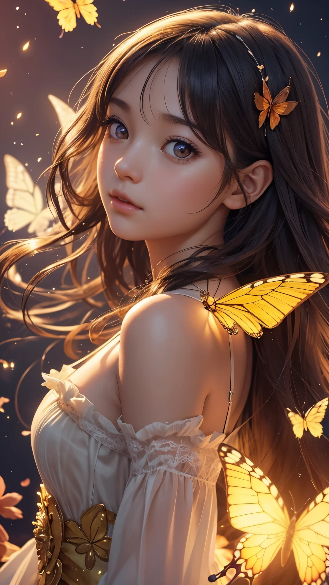 Create a close-up semi-realistic anime illustration of a young girl's face with large, expressive eyes reflecting a magical scene. The girl is surrounded by a warm, glowing light with orange and yellow hues, creating an enchanting atmosphere. A delicate, luminescent butterfly with translucent wings rests gently on her nose, emitting a soft glow. The background is filled with floating, glowing particles and small flowers, adding to the magical ambiance. The girl's expression is one of wonder and amazement as she gazes at the butterfly. Use a Close-Up Composition to emphasize her facial features and the butterfly. The viewpoint should be an Extreme Close-Up to capture the fine details and emotional intensity. The lighting should feature Glowing Lighting to enhance the enchanting and whimsical quality of the scene. Render the artwork using V-Ray for high-resolution detail and vibrant colors. The medium is Illustration to bring out the fantastical, whimsical quality.