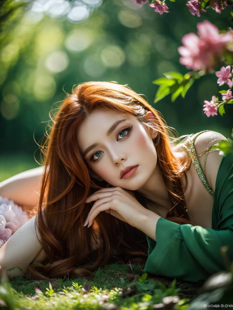 1girl, redhead asian girl, extremely long smooth hair, lying on the ground in a lush dark forest, beautiful elf dress, surrounded by flowers, (best quality,4k,8k,highres,masterpiece:1.2),ultra-detailed,(realistic,photorealistic,photo-realistic:1.37),cinematic lighting,dramatic lighting,chiaroscuro lighting,intricate details,highly detailed face,extremely detailed eyes and face,longeyelashes,dramatic composition,moody atmosphere,vibrant colors,rich color palette