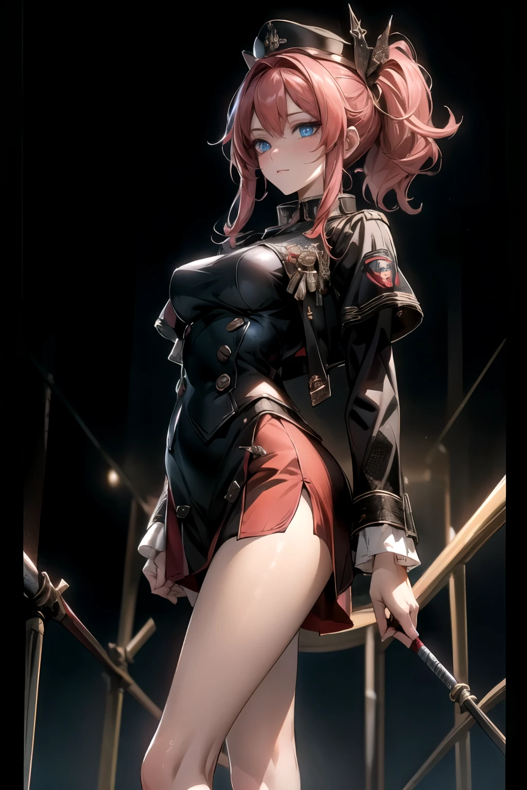 ((best quality)), ((Masterpiece)), (details:1.4), 3d, Image of a beautiful cyberpunk woman., HDR (high dynamic range), mature woman, เหมือนจริง, High ponytails, Red hair, Blue eyes, future police, PBR surface, After processing, Anisotropic filtration,depth of field, Maximum clarity and clarity, multi-layered surface, perfect proportions, 8K raw files, cyberpunk, at night, ผมหลายชั้น, red short skirt, natural lighting, soft lighting, sunlight, หน้าอกใหญ่, a woman wearing a black gothic style military uniform, black military hat with gold details, iron cross symbol on the military hat,