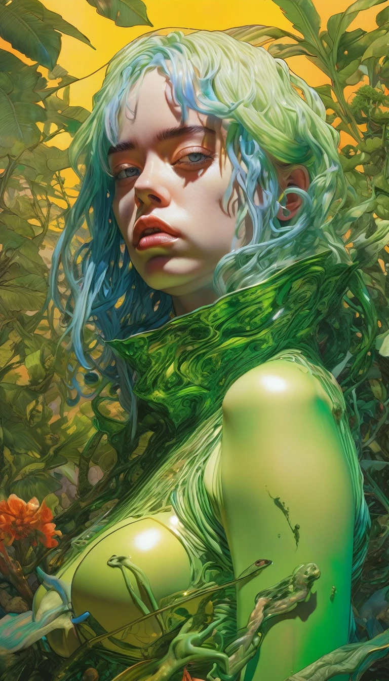 artwork by Katsuya Terada, mid center composition
8K, HD, intricate detailed masterpiece, ++Billie Eilish in a sexy bralles top, ++pantyhoes, tights+, Billie Eilish no bra+, +big , transparent, glowing green eyes, green iris and black eye ball, full body shot, green hair, anatomecly correct, body ,organic shapes, hard edges, anatomecly correct body, sentual +sexy poce, hyper realistic, Billie Eilish elegant,cinematic lighting, highly detailed, intense colors, octane rendered Billie Eilish, surreal mood, award winning picture, glowing rich colors, iridiscent accents,- dramatic shadows,dynamic and atmospheric lighting, anamorphic lens, sharp focus, trending on Gsociety and ArtstationHQ, see through, glowing rich colors, 8K, 3D rim light, 3d final render, 3d shading, unreal 5, octane render, iridiscent accents, highlights and overtones,
intricate high detail masterpiece by Katsuya Terada, in the STYLE of Katsuya Terada