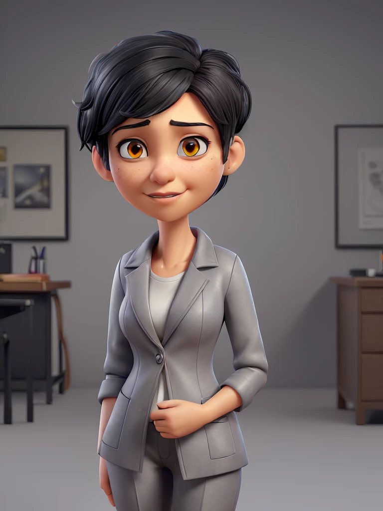 a woman with short black hair with folded hands, grey formal office coat clothing, facing left side, folded hands, detailed face, brown eyes, serious expression, atmospheric lighting, cinematic portrait, dramatic lighting, detailed skin texture, hyper realistic, smiling, (best quality,4k,8k,highres,masterpiece:1.2),ultra-detailed,(realistic,photorealistic,photo-realistic:1.37),HDR,UHD,studio lighting,ultra-fine painting,sharp focus,physically-based rendering,extreme detail description,professional,vivid colors,bokeh, folded hands 