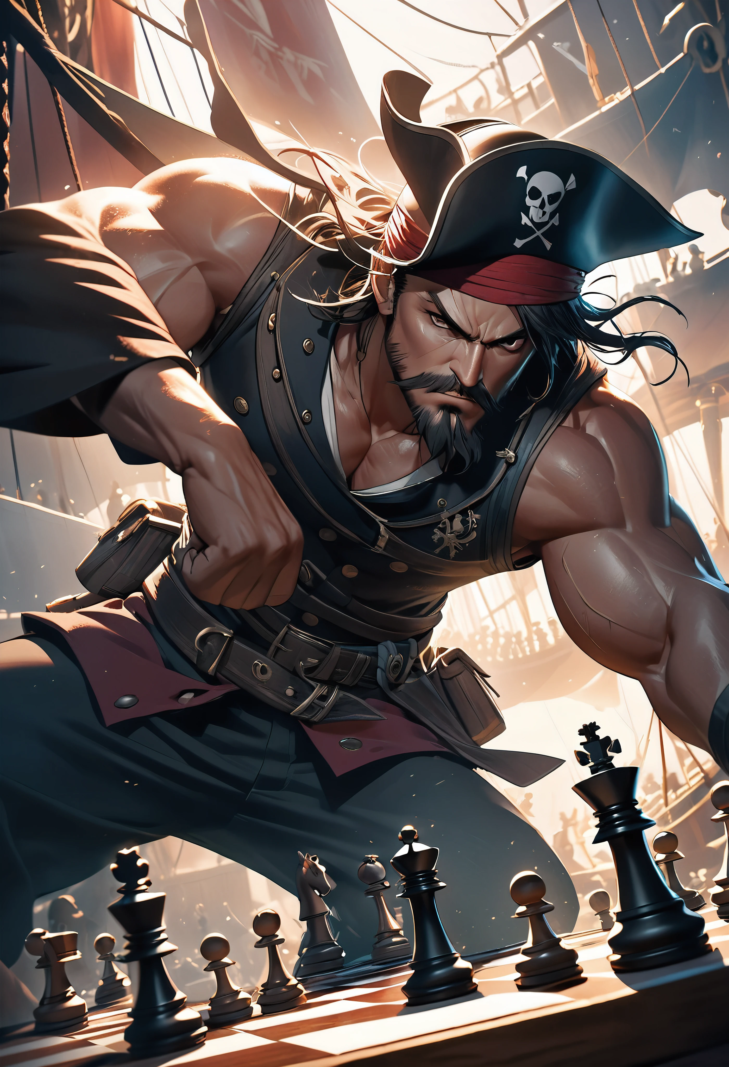 (Detailed and accurate Chess game match:1.37), a fierce duel between two pirates on the deck of a pirate ship, intense staredown, two muscular pirates, one the captain, serious hand-to-hand combat, crew fighting in the background, dramatic lighting, cinematic composition, absurdist surreal, ARW