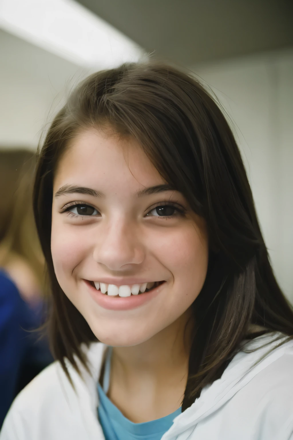 Kodak Funsaver, Porta 160, 20mm, f/1.2, a portrait of a young teenage girl smiling at the camera in a high school class