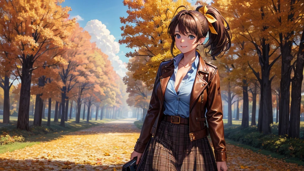 1girl, solo, trees, sun, clouds, autumn, colorful trees, falling leaves, ((brown hair)), ponytail, large breasts, ((brown leather jacket)), button down shirt, ((blue checked shirt)), ((unbuttoned shirt)), unbuttoning buttons, cleavage 1:3, blue eyes, long skirt, brown boots, smile, happy, looking at the viewer, walking, hair ribbon, golden necklate