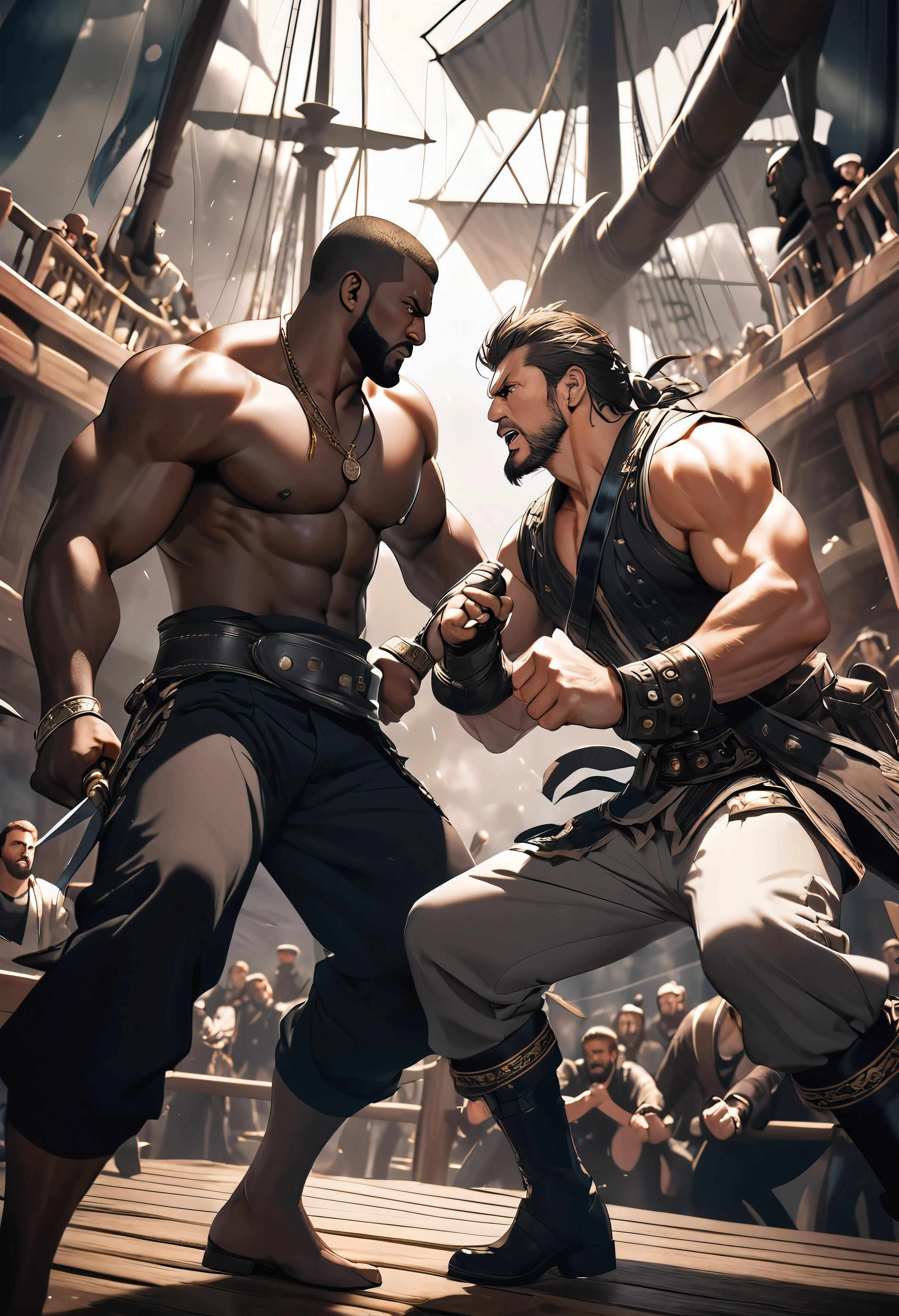 (Detailed and accurate Othello game:1.37, Win or lose with rock or scissors:1.3), a fierce duel between two pirates on the deck of a pirate ship, intense staredown, two muscular pirates, one the captain, serious hand-to-hand combat, crew fighting in the background, dramatic lighting, cinematic composition, absurdist surreal, ARW