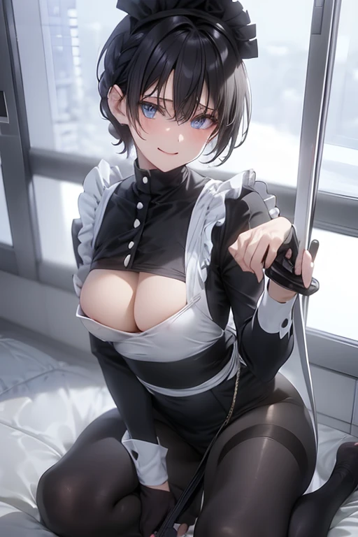 Black-haired girl, braided hair styles, Short hair, very special hair style, fascinating hair style, Elegant hair, captivating blue eyes, fascinating face, Exhausted face, Ahegao, a charming smile, white eyelashes, in the classroom, Single, holding a sword in his right hand, The background is oriental style, holding a sword in his right hand, armor dress, Five fingers