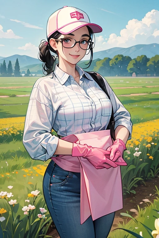 A freckled, glasses-wearing mature woman with black hair tied up, wearing a white long-sleeved flannel shirt, blue jeans, a baseball cap, and long pink rubber gloves and white rubber boots, working in the fields while smiling　Thick eyebrows