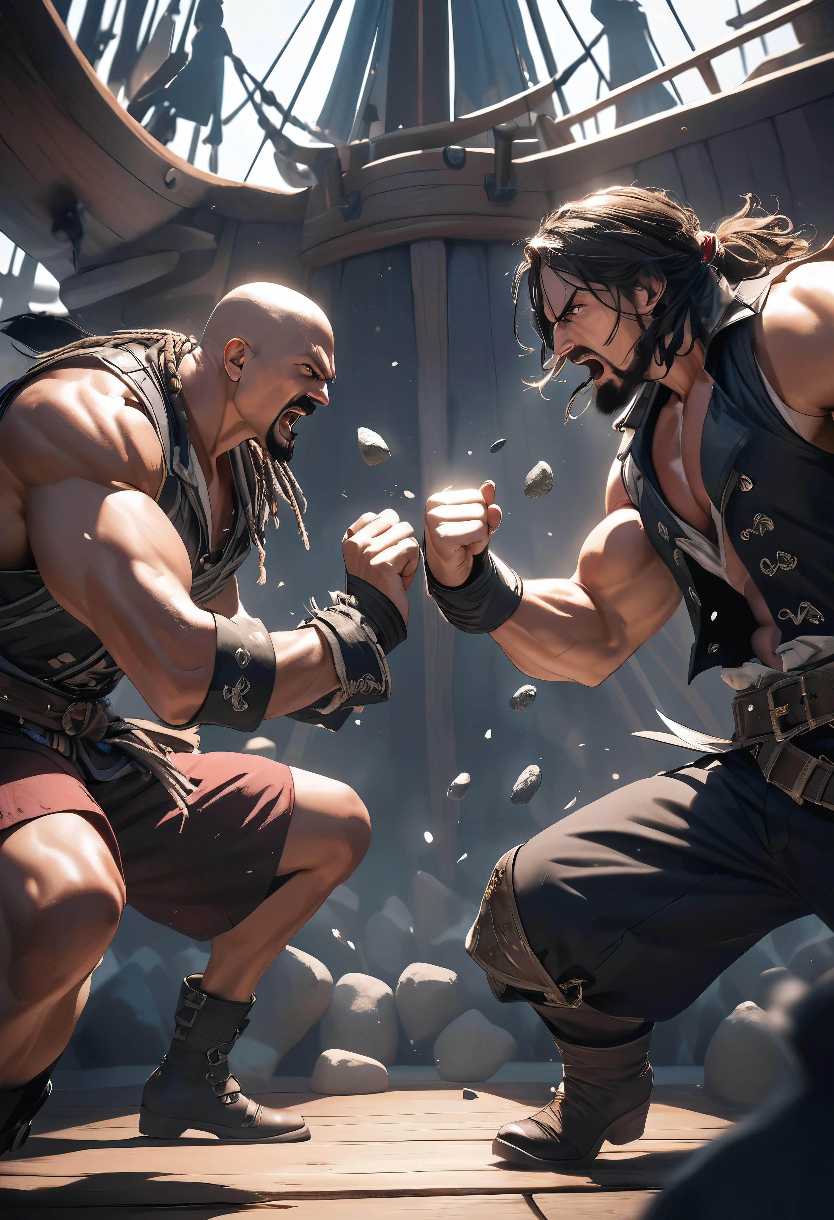 (Detailed and accurate rock-paper-scissors game:1.37, Win or lose with rock or scissors:1.3), a fierce duel between two pirates on the deck of a pirate ship, intense staredown, two muscular pirates, one the captain, serious hand-to-hand combat, crew fighting in the background, dramatic lighting, cinematic composition, absurdist surreal, ARW