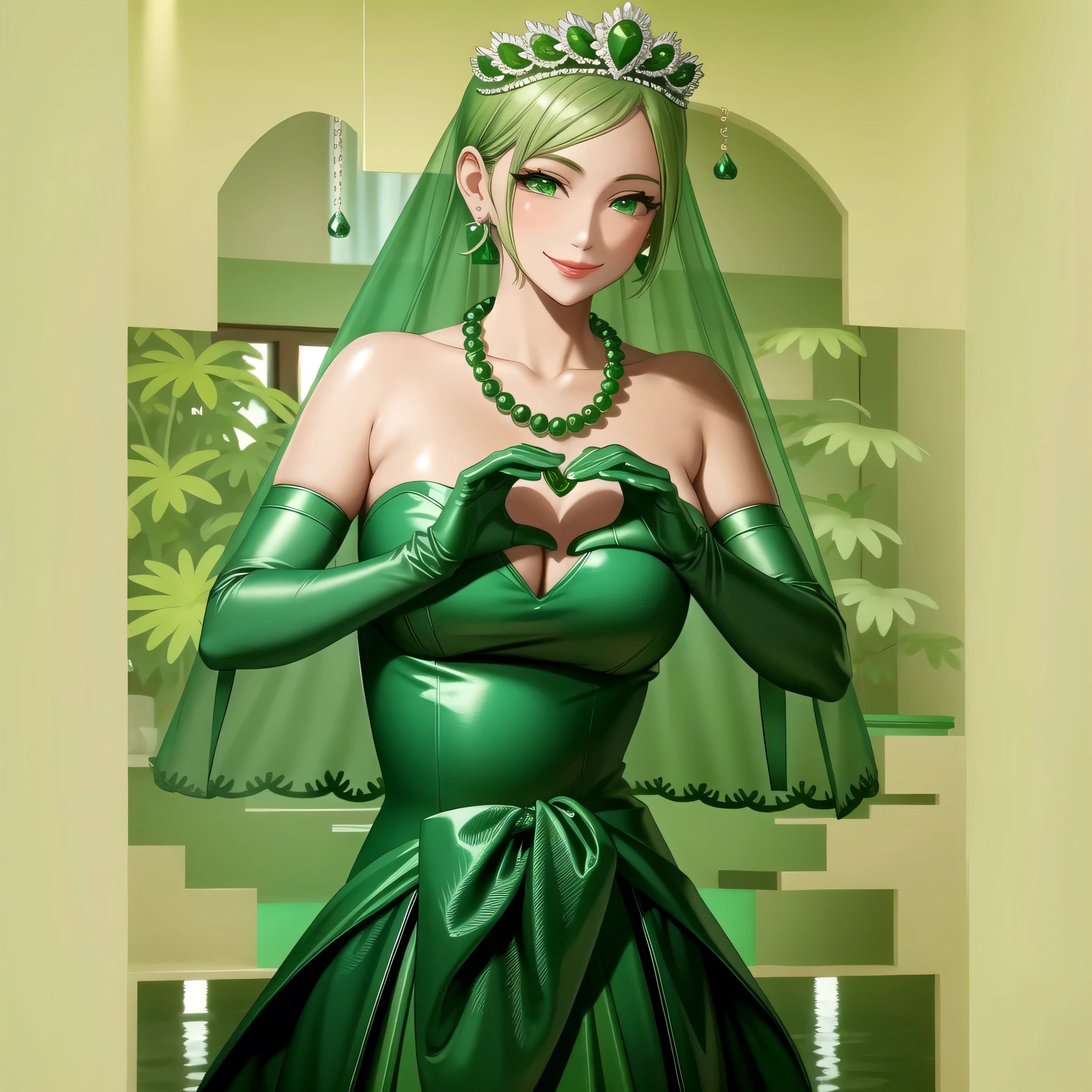 Emerald tiara, Green Pearl Necklace, Boyish very short green hair, Green Lips, Smiling Japanese woman, Very short hair, Busty beautiful lady, Green Eyes, Green satin long gloves, Green Eyes, Emerald Earrings, Green veil, Heart with both hands, Green Hair, Beautiful Japanese Woman, Heart shaped hands:1.3, green lip gloss, Pregnant women