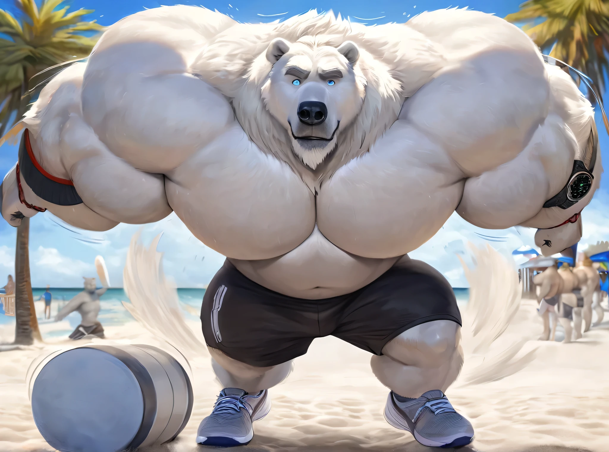 huge muscular polar bear in Panama City Beach Florida, big smirk, polar bear, huge white fur, thick arm, huge arm, bearded. white hair and beard, bearded, (huge muscular, huge pectoral, wide pectoral, huge thick arms), bulky, bulking, hulking,beach, palm, realistic, 8k, masterpiece, detailed grey eyebrows, deatiled eyes with blue pupils, (wearing black shorts, wristband, watch and shirtless and topless, white sports shoes), bouncing his pecs like a drum