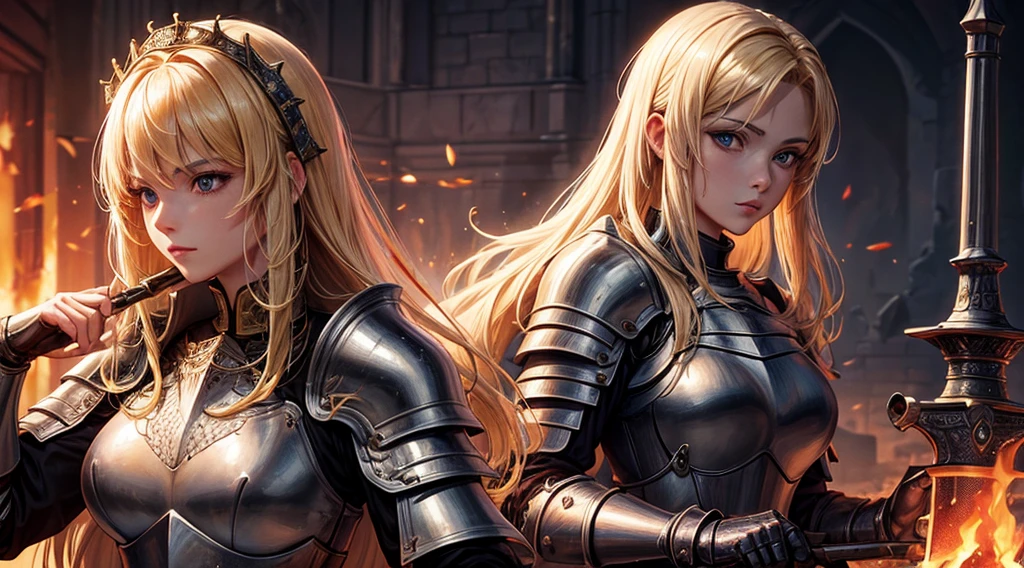masterpiece,best quality,Extremely detailed,(1Female Knight holding a fire sword),Upper Body,Blonde Hair,(Straight Hair),View Viewer,(fire:1.3),(Full lips:0.1),Dark Souls,Castle Town，Elizabeth neckline