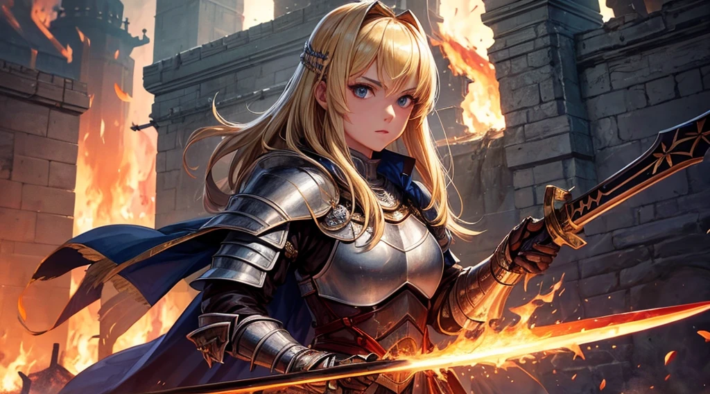 masterpiece,best quality,Extremely detailed,(1Female Knight holding a fire sword),Upper Body,Blonde Hair,(Straight Hair),View Viewer,(fire:1.3),(Full lips:0.1),Dark Souls,Castle Town,Elizabeth neckline