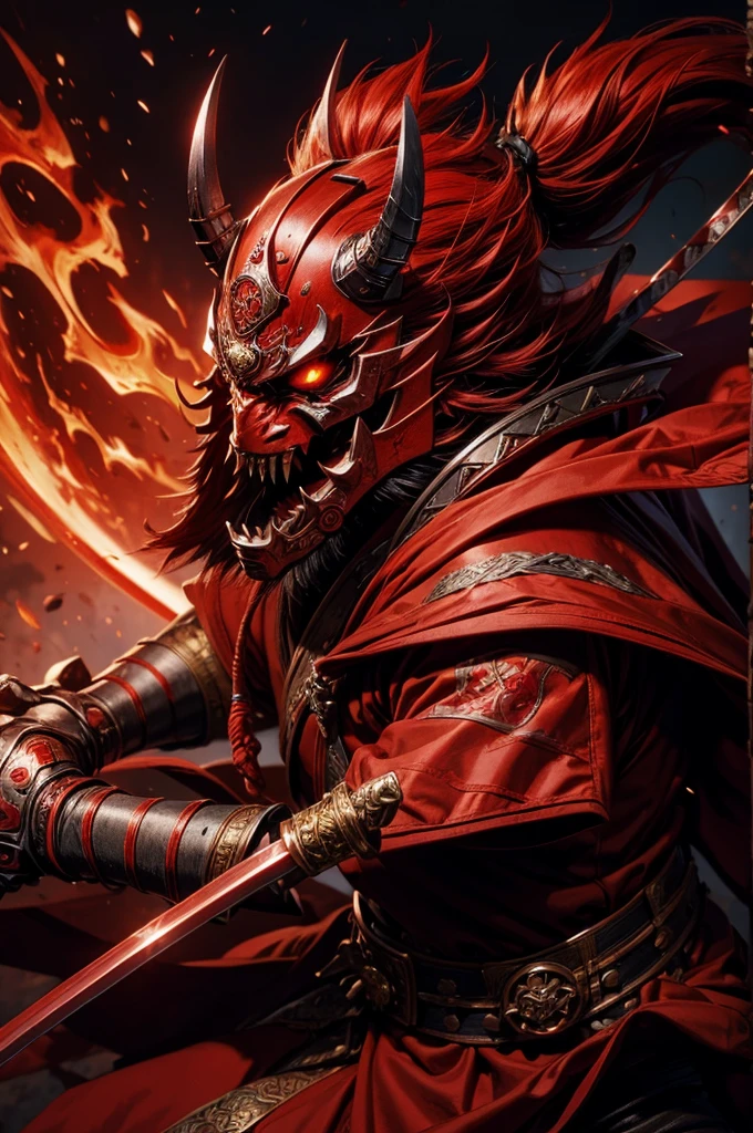 red samurai warrior, strong, vivid, super detailed, highest quality, wearing demon mask, red samurai outfit, metal, katana