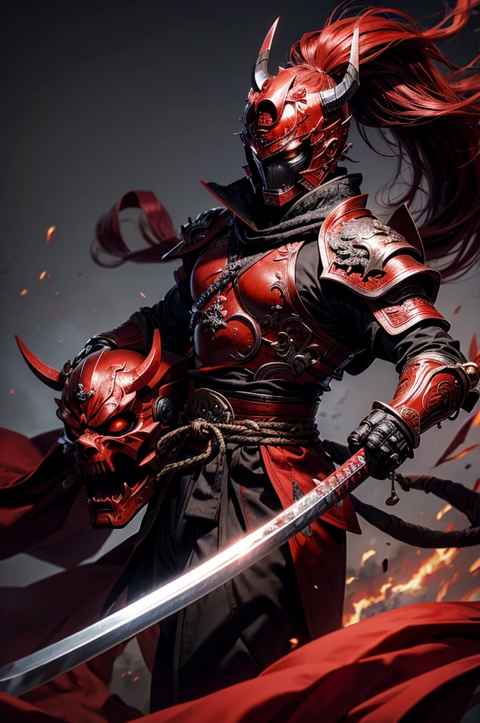 red samurai warrior, strong, vivid, super detailed, highest quality, wearing demon mask, red samurai outfit, metal, katana